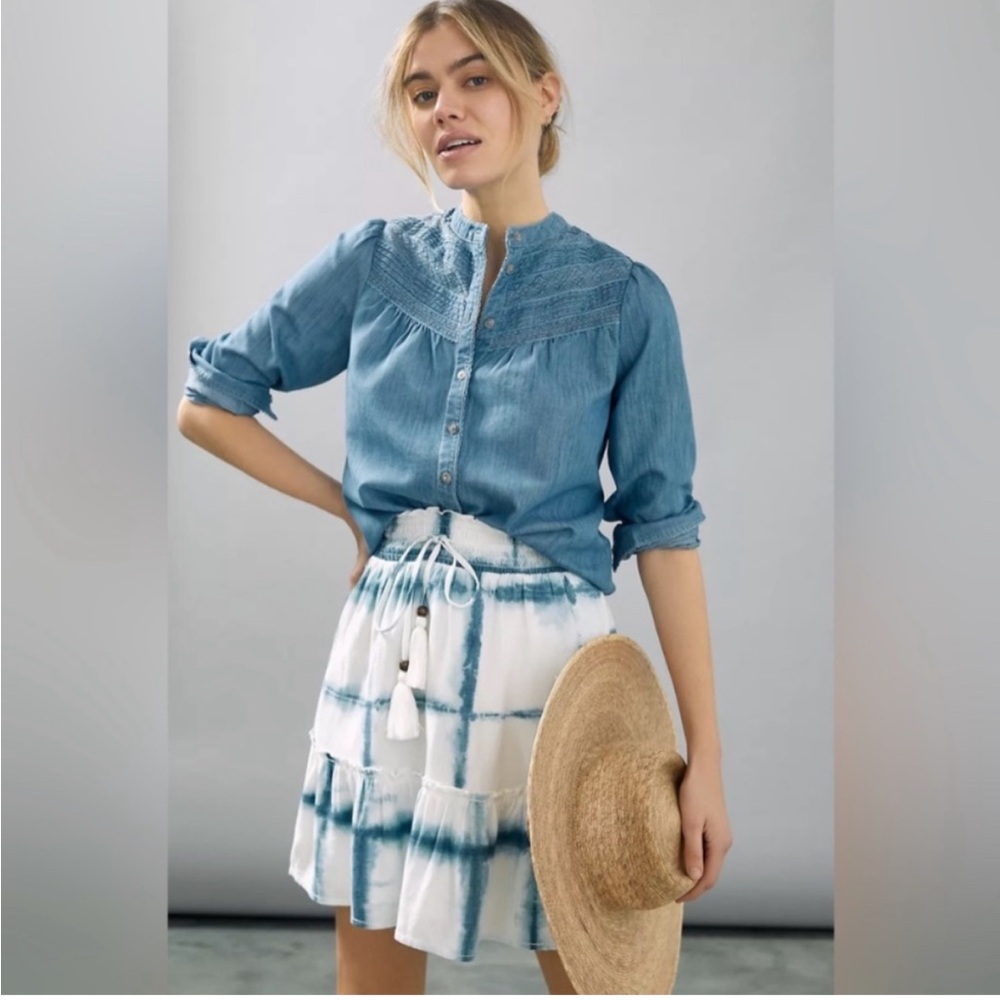 Pilcro Blue Denim Top with White and Blue Tie-Dye Mini Skirt
